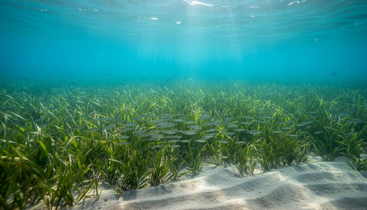Подводный вид на густые луга морской травы посидонии в Средиземном море, солнечные лучи пробиваются сквозь воду.
