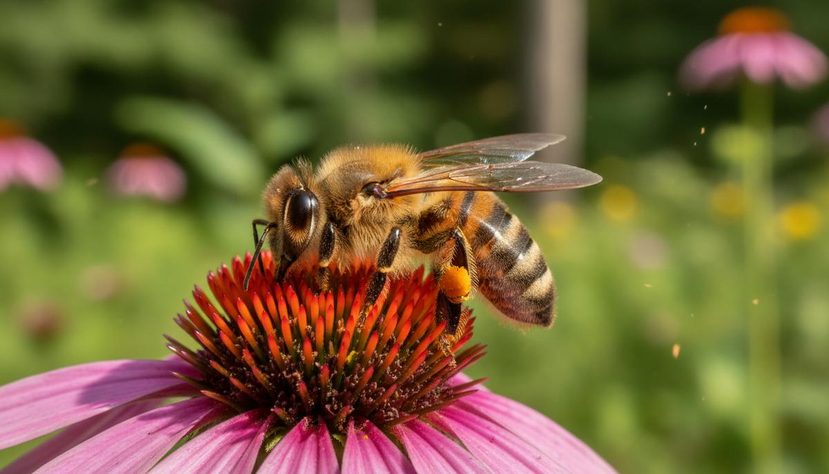 Крупный план медоносной пчелы на цветке или сотах, демонстрирующий детали ее строения в естественной среде.