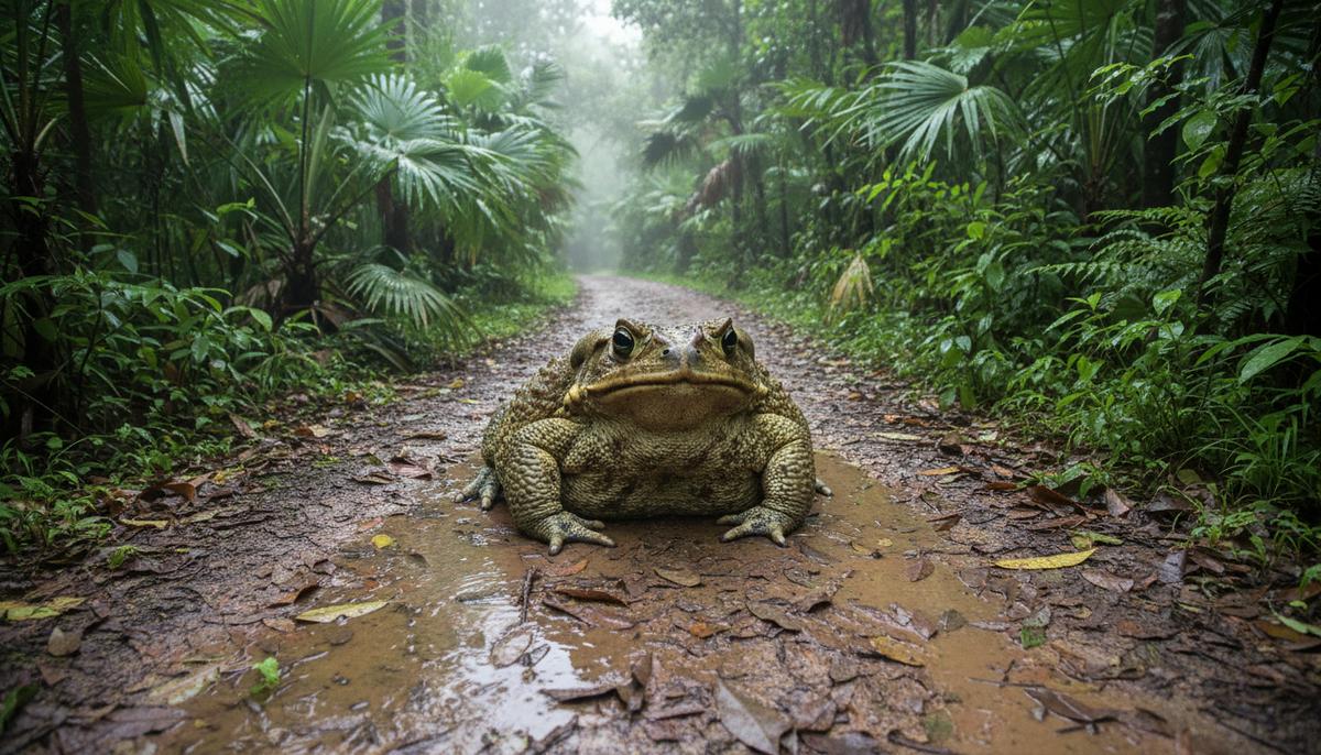 Огромная тростниковая жаба на влажной лесной тропе в Национальном парке Австралии, среди пышной зелени.
