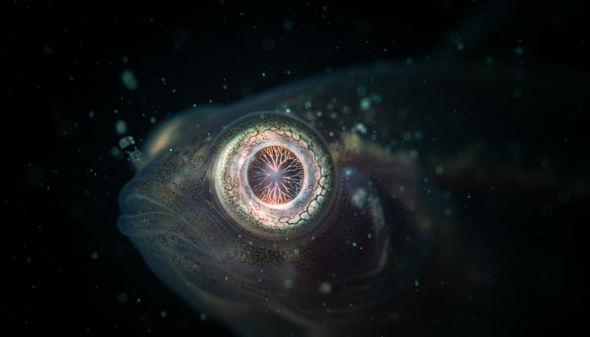 Глаз личинки глубоководной рыбы, подсвеченный в темных океанских водах, демонстрирующий уникальную адаптацию к низкой освещенности.