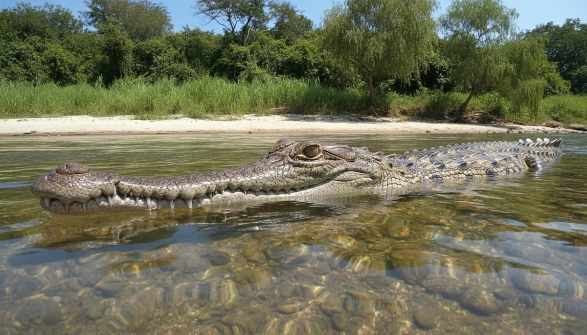 Гангский гавиал в естественной среде обитания: река с песчаными отмелями и прибрежной растительностью. Водное животное с длинной узкой мордой.