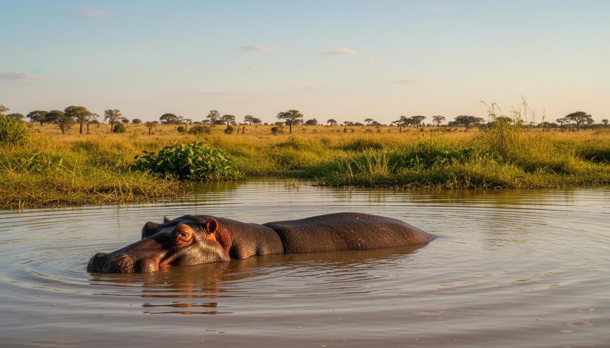 Крупный бегемот частично погружён в мутную воду африканской реки или озера, вокруг него колышется вода, на берегу – зелёная растительность.