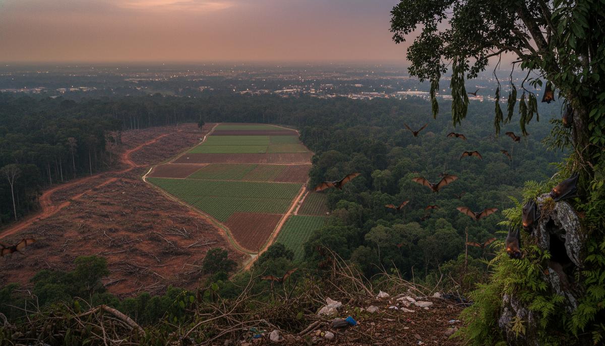 Угроза эпидемий: не все рукокрылые опасны, но человек меняет правила игры Тропический лес с вырубками, сельскохозяйственными полями и городскими постройками на горизонте. Летучие мыши летят в сумерках.