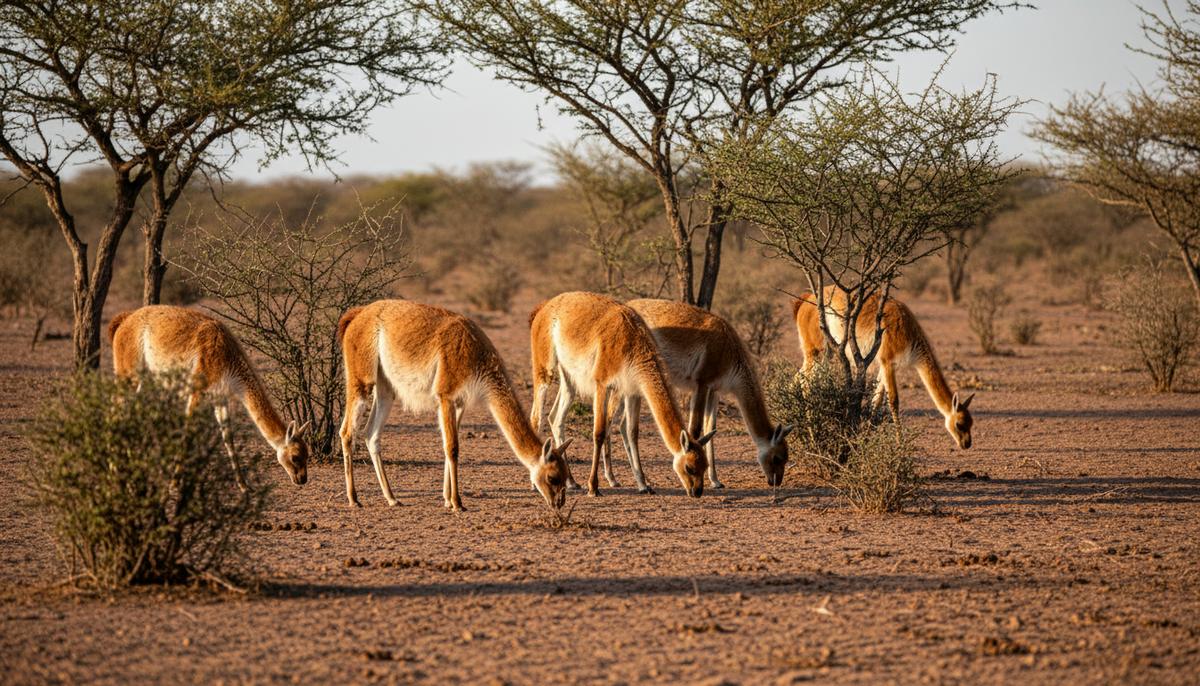 Стадо гуанако пасётся среди редких деревьев и кустарников в сухом лесу Чако, пыльная земля под теплым светом.
