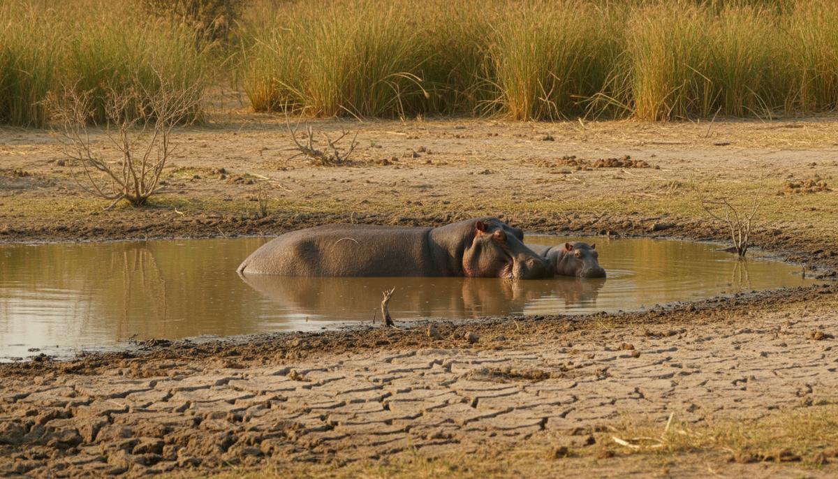 Крупный бегемот и детеныш в мутном водоеме, окруженном сухой растрескавшейся землей в африканских водно-болотных угодьях.
