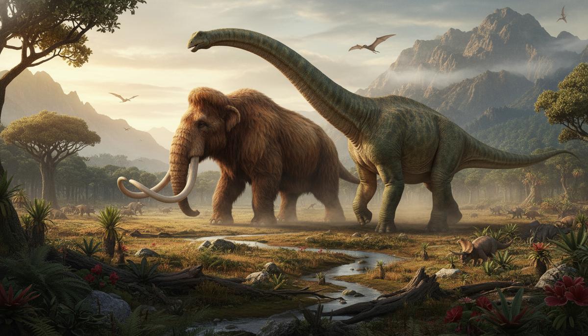 Пересмотр скорости: гигантские вымершие животные двигались медленнее, чем считалось Мамонт и огромный динозавр-завропод медленно идут по доисторическому ландшафту, окруженные пышной растительностью.