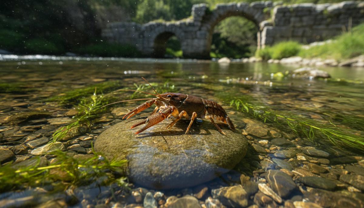 Речной рак на камне в чистой воде ручья. Подводные растения, камни. На заднем плане старинная каменная стена у берега.