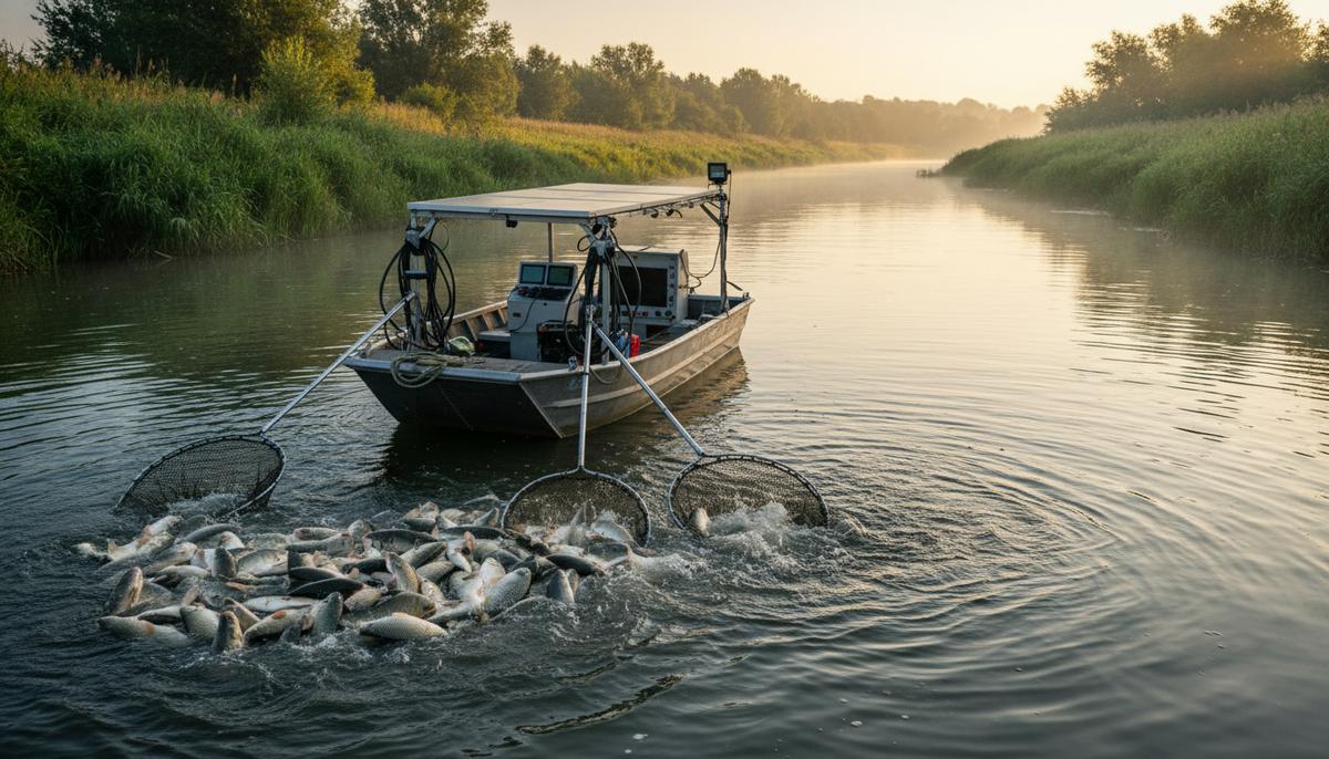 Канзас борется с инвазивным карпом: почти 50 тонн возвращают к жизни реку Электрифицированная рыболовная лодка посреди реки, собирающая инвазивного карпа сетями. Видны большие скопления рыбы на поверхности воды, зеленые берега.