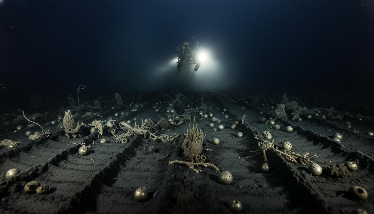 Глубоководное дно с отчетливыми следами техники, разворошенный осадок, полиметаллические конкреции и поврежденные морские организмы.