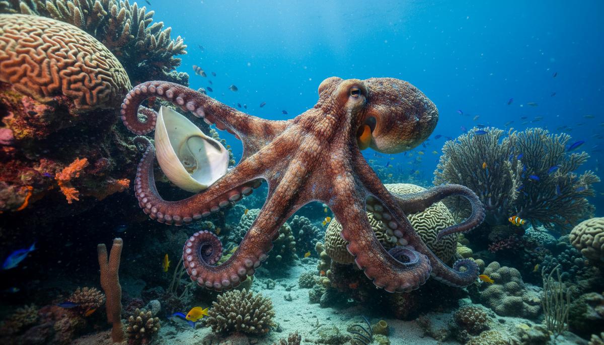 Крупный план осьминога в морских глубинах, исследующего риф с живыми кораллами и водорослями.