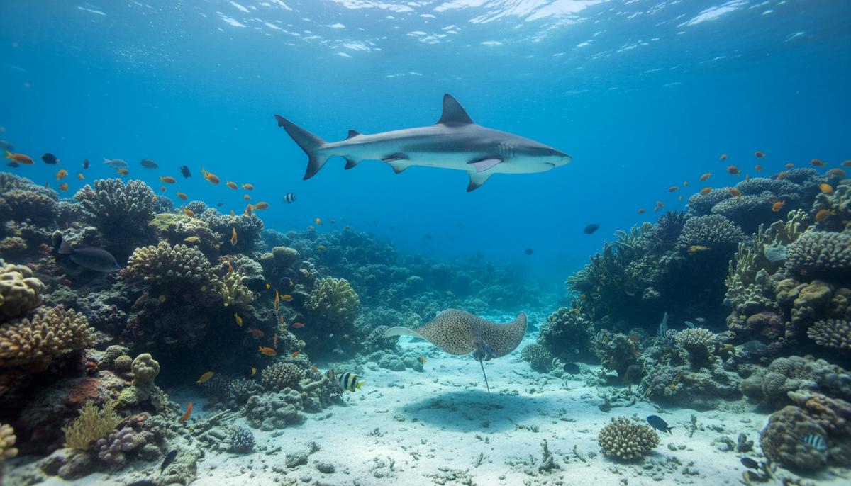 Подводный пейзаж Средиземного моря с коралловыми рифами, акулой и скатом в чистой воде.