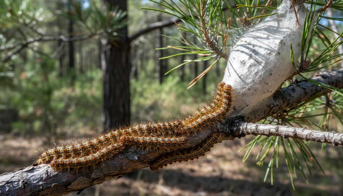 Сосновая походная гусеница: раннее нашествие в Испании угрожает здоровью Сосновые походные гусеницы на ветке сосны, движущиеся к белому шелковому гнезду. Лесной фон.