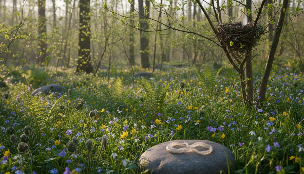 Ранняя весна: цветущие растения, начинающие распускаться листья. На теплом камне – сброшенная кожа рептилии, в ветвях – гнездо птицы.