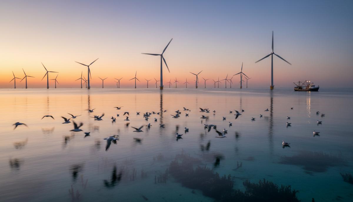 Морские ветряные турбины над спокойным морем на рассвете, стая морских птиц в полете, рыболовное судно вдали, на горизонте.