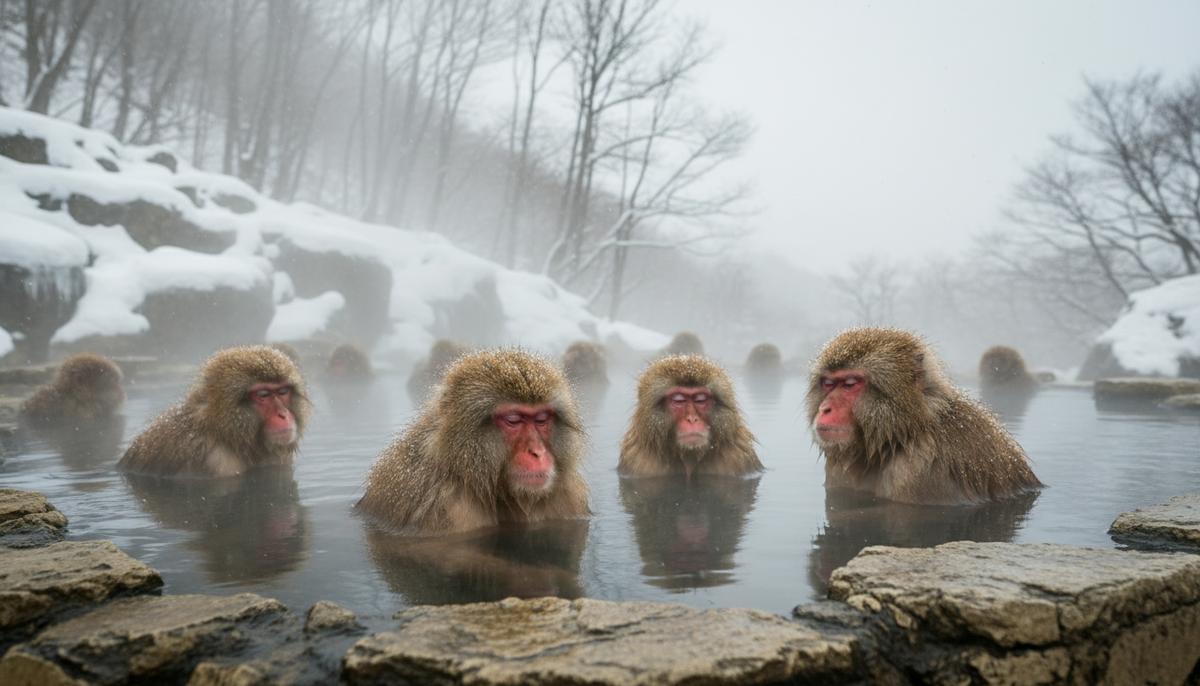 Японские макаки в природном горячем источнике, окруженном снегом, с паром, поднимающимся над водой.