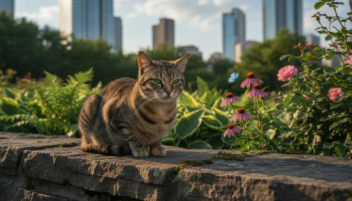 Здоровый домашний кот на мшистой каменной стене в городском парке, наблюдающий за природой. На заднем плане — городская архитектура.