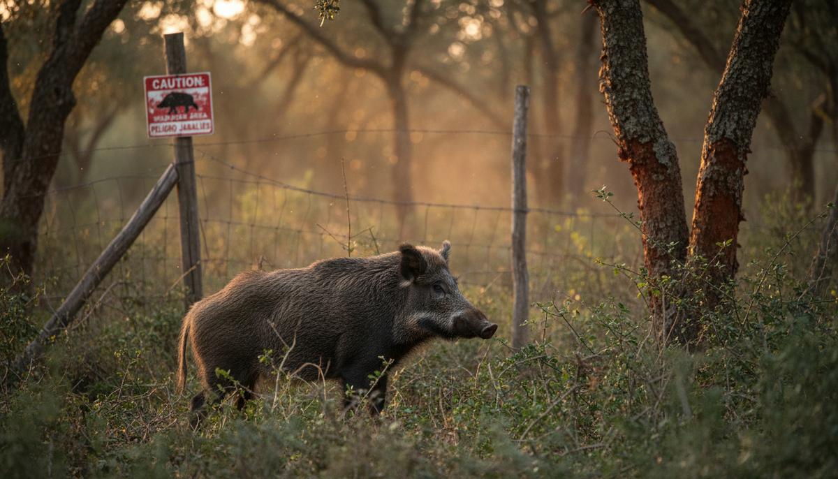 Дикий кабан в лесном массиве Каталонии, Испания, на фоне защитного ограждения или карантинной зоны.