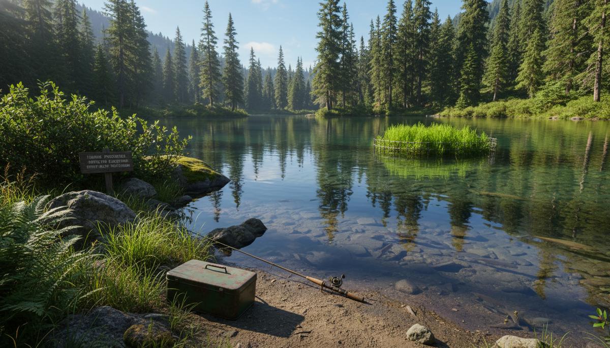 Чистый горный ручей с пышной растительностью на берегах. На берегу оставлены рыболовные снасти. Вода прозрачная, отражает здоровую водную флору.