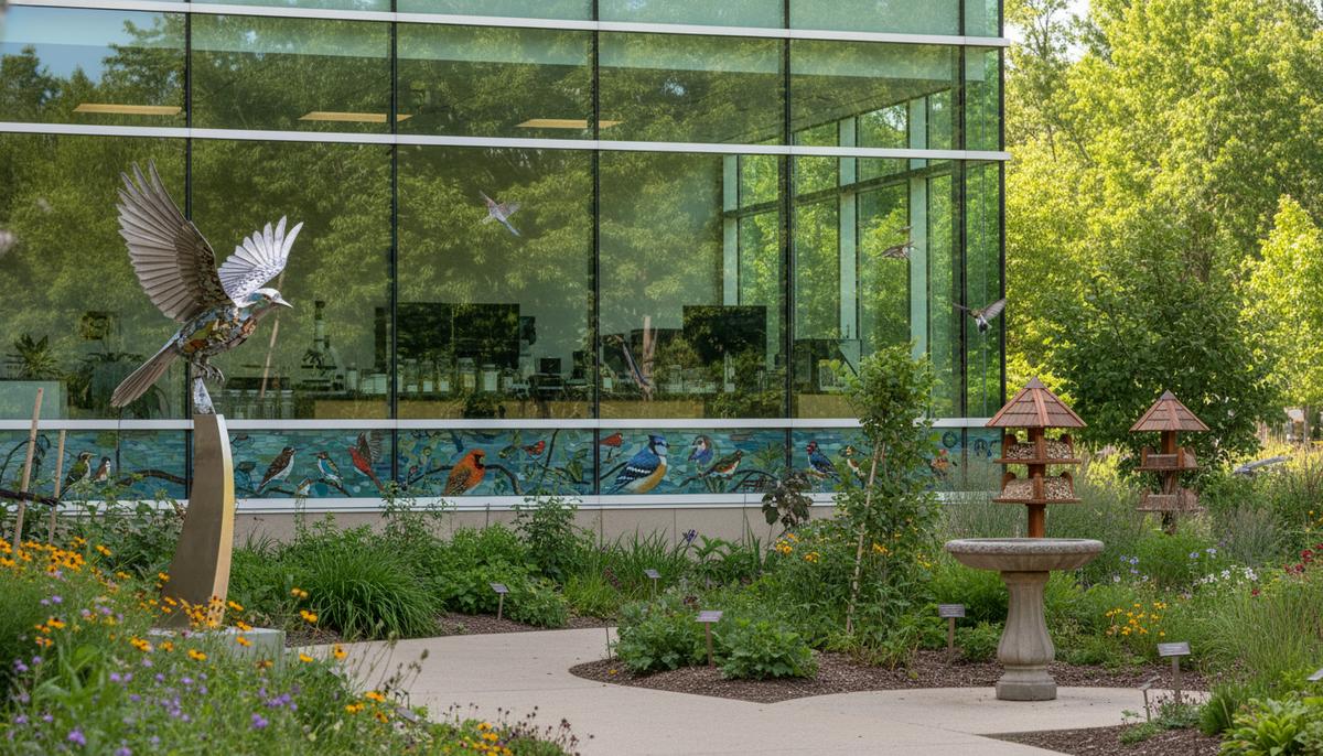 Современное здание университета, отражающее зелень. Рядом – ухоженный ботанический сад с местными растениями и разнообразными птицами, элементы для их изучения.