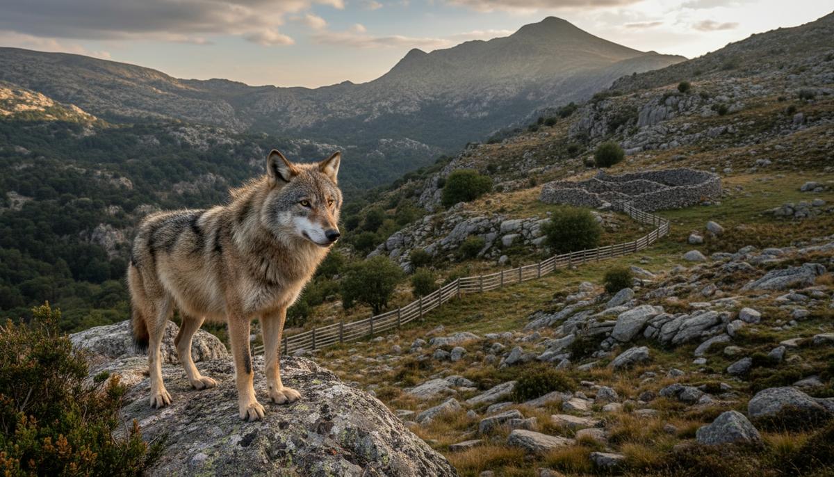 Верховный суд Испании: охота на волка разрешена лишь как крайняя мера Серый волк в горном ландшафте, на фоне видны элементы пастбища или защитного ограждения для скота.