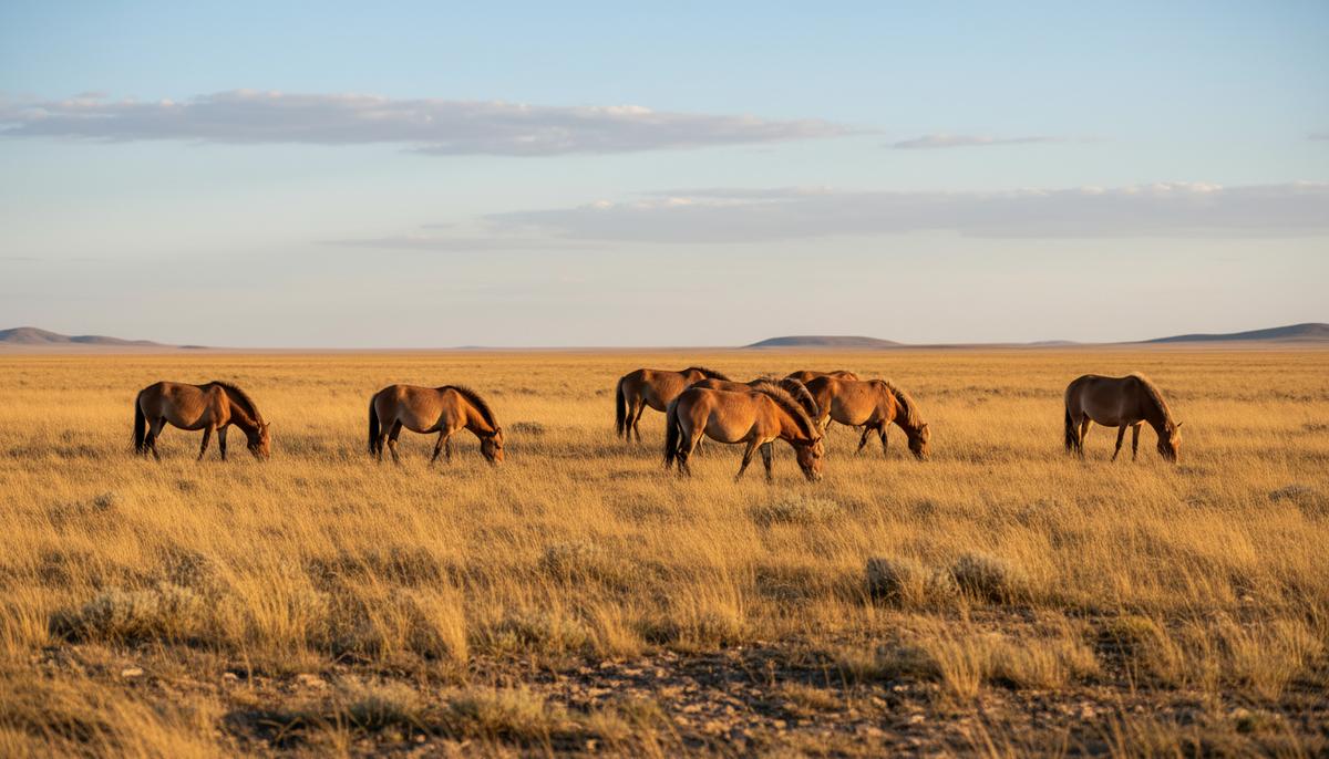 Год Лошади 2026: как эти животные формируют экосистемы планеты Стадо диких лошадей Пржевальского пасется на обширной золотистой степи, простирающейся до горизонта.
