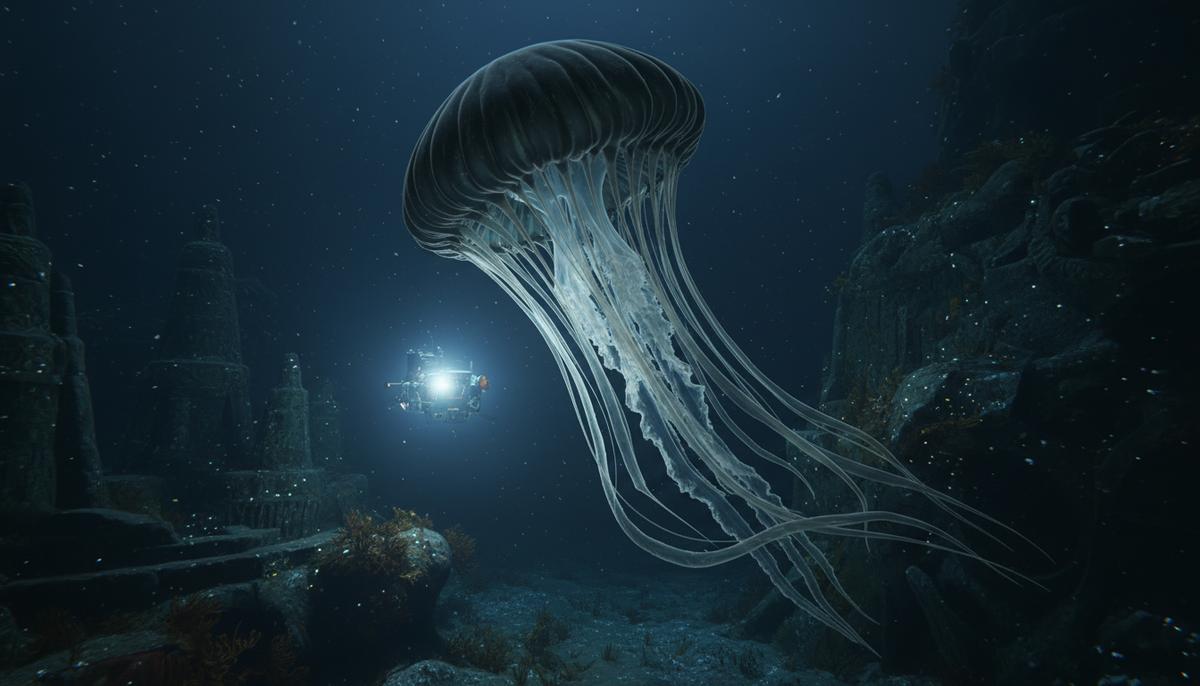 Гигантская медуза-фантом в тёмных глубинах Атлантического океана, её колокол и лентовидные щупальца, освещенные мягким светом.