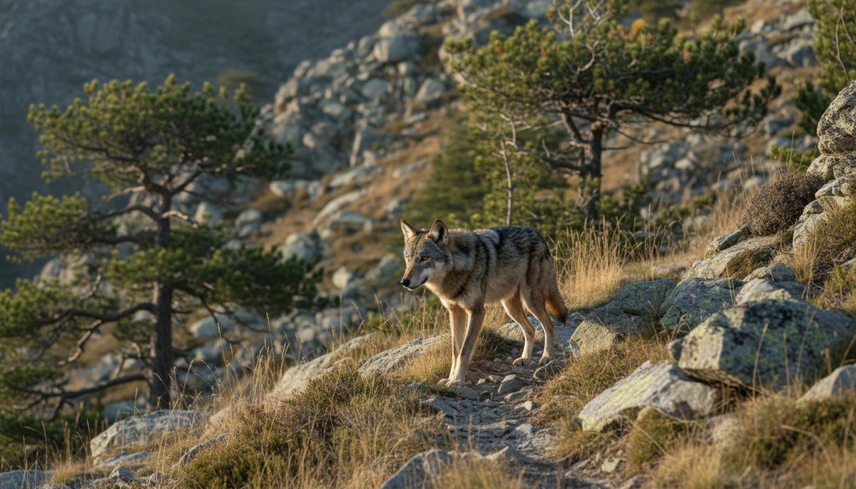 Иберийский волк в каменистом горном ландшафте. Волк на переднем плане, за ним – скалы, редкие сосны и кустарники.