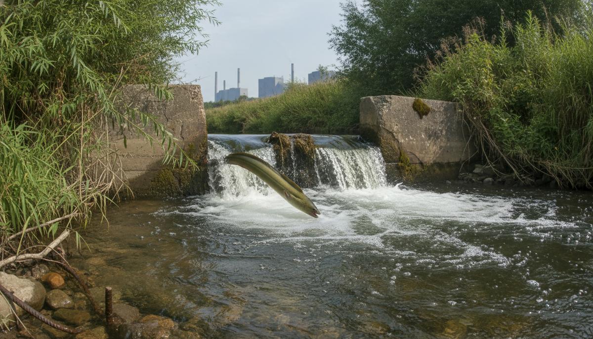 Европейский угорь в Испании: угроза исчезновения и призыв к немедленным действиям Европейский угорь, плывущий по реке, частично перекрытой плотиной. Видны чистые воды и участки загрязнения, речные берега.