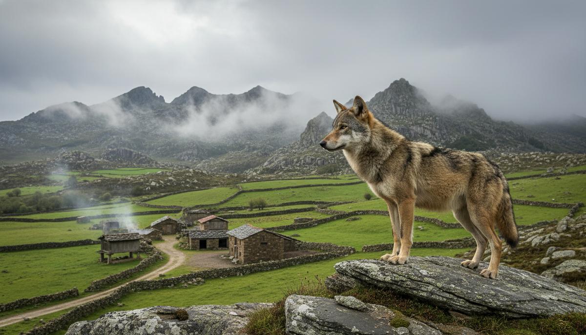 Иберийский волк на скале в горах Астурии, на заднем плане – пастбища с фермерскими постройками.
