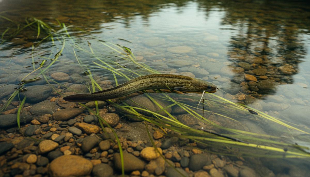 Европейский угорь плывёт в чистой речной воде среди подводных растений и камней, отражающих свет солнца.