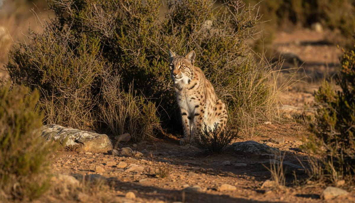 Иберийская рысь сидит в сухом кустарнике среди песка и камней на фоне средиземноморского ландшафта.