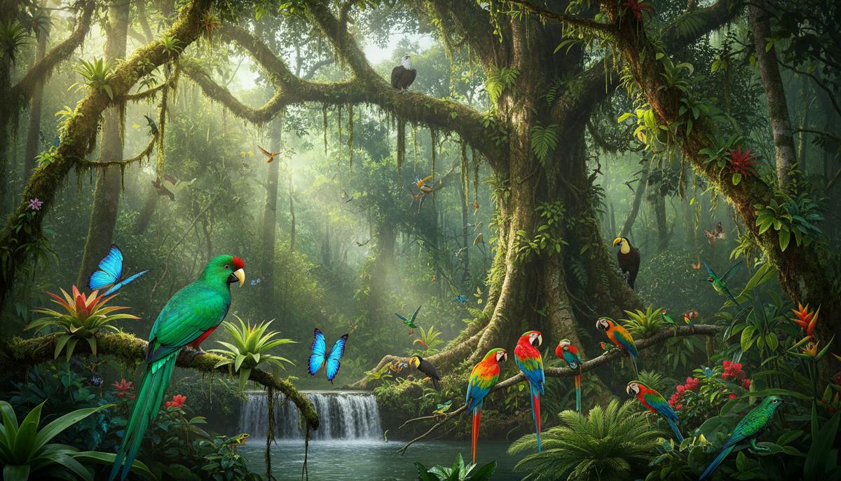 Птицы в тропическом лесу. Дикие особи различных видов сидят на ветках, летят и ищут пищу среди пышной зелени.