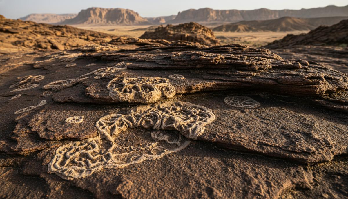 Крупный план окаменелых морщинистых микробных матов на слоистых песчаниковых породах в засушливом ландшафте. Видны детали древних текстур на камнях.