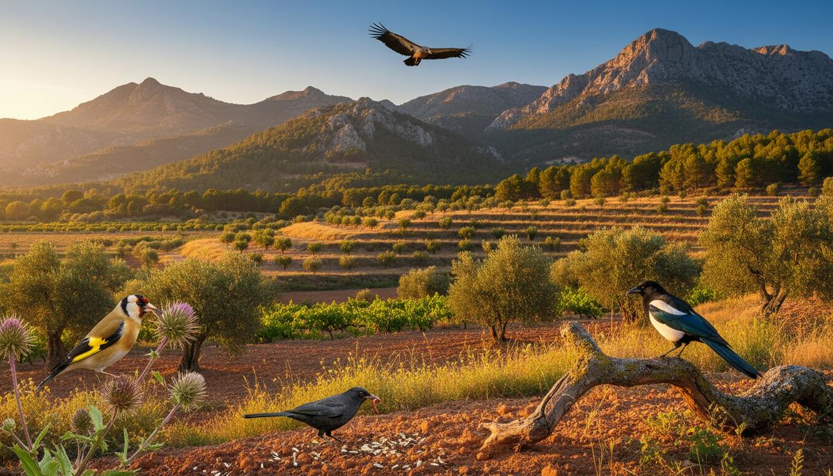 Пейзаж Испании: горы, леса, поля. Местные птицы – сорока, дрозд, сип, щегол – в естественной среде, выполняющие экосистемные функции.