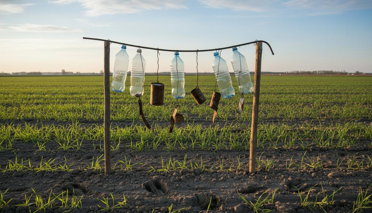 Самодельное устройство для отпугивания животных из пластиковых бутылок и металлических пластин, установленное на деревянных кольях в поле с молодыми посевами зерновых. Следы диких животных на земле.