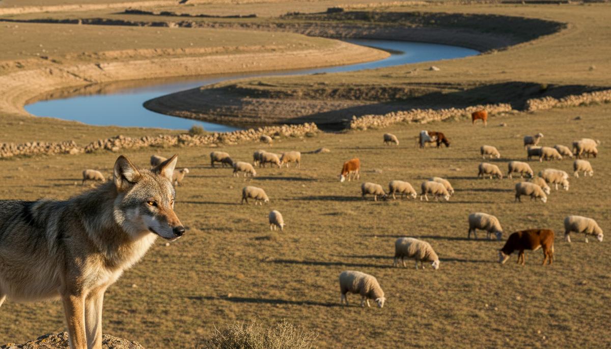 Волки, фермеры и вода: Испания стремится к экологическому равновесию Иберийский волк наблюдает за стадом овец на фоне засушливого пейзажа Испании с рекой или водоемом.