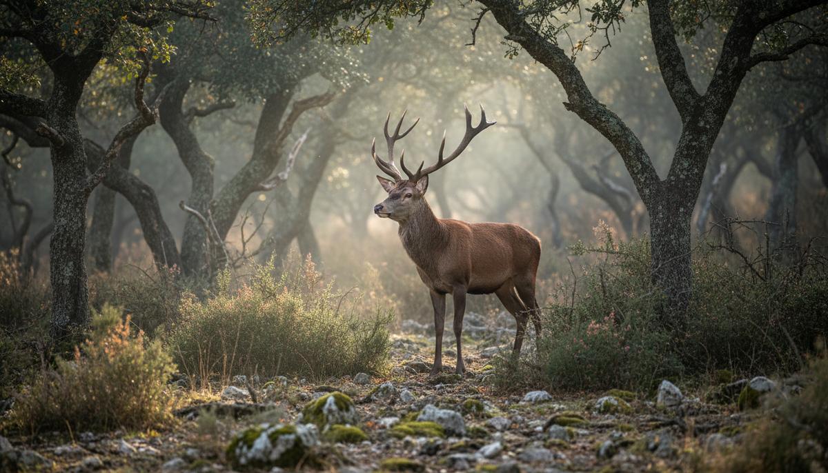 Красный олень среди вековых дубов в Национальном парке Кабаньерос, Испания. Дикая природа, сохранение экосистем.