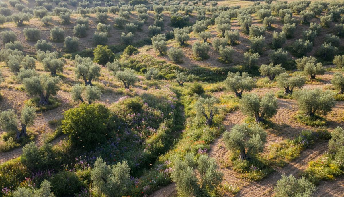 Обширный сельскохозяйственный ландшафт в Хаэне, Испания. Оливковые рощи, разделенные цветущими живыми изгородями и дикими участками. Птицы в небе, насекомые-опылители среди растений.
