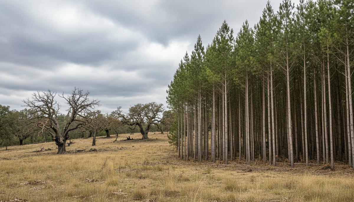Лесной пейзаж: быстрорастущие сосны и эвкалипты вытесняют старые дубы. Сухая растительность, следы прошлых пожаров.