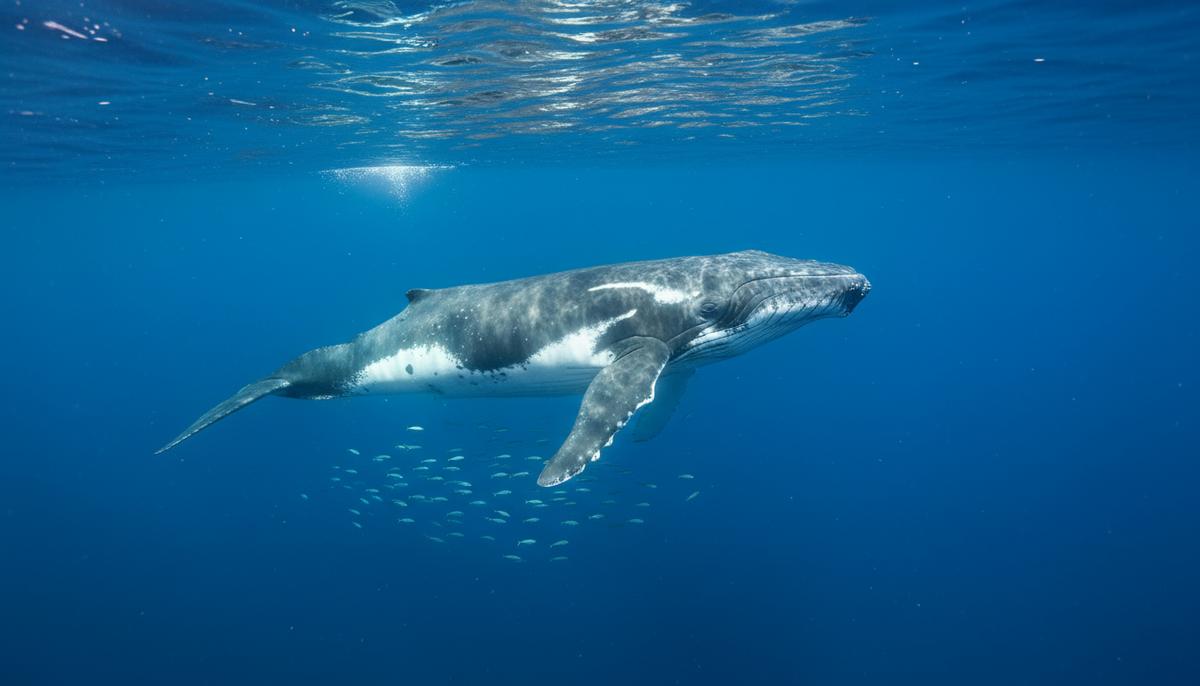 Кит-полосатик или кашалот, плывущий в глубоких синих водах Средиземного моря, освещенных солнечными лучами.