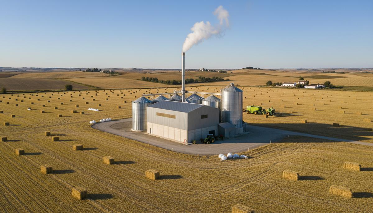 Современный сельскохозяйственный кооператив в испанской деревне: биомассная котельная с дымоходом, поля со стогами соломы, силос.