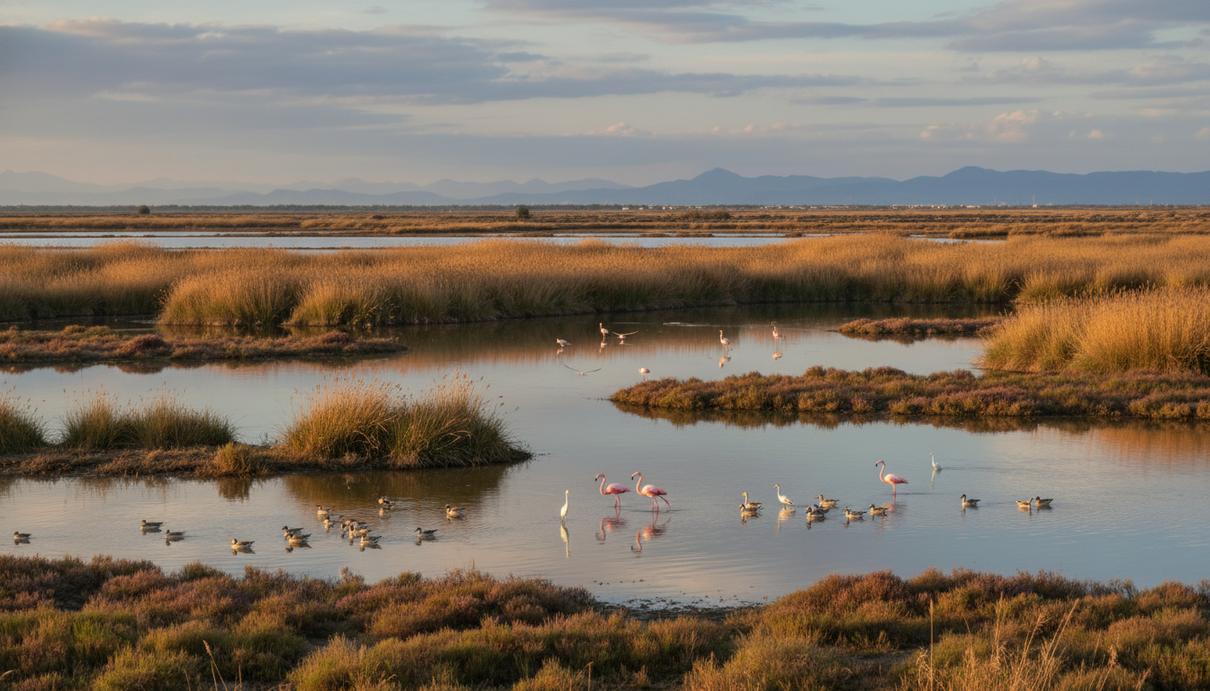 Заповедник в Аликанте: восстановление популяции редких видов птиц Мелководные лагуны и солончаки с камышом, в которых плавают дикие водоплавающие птицы.