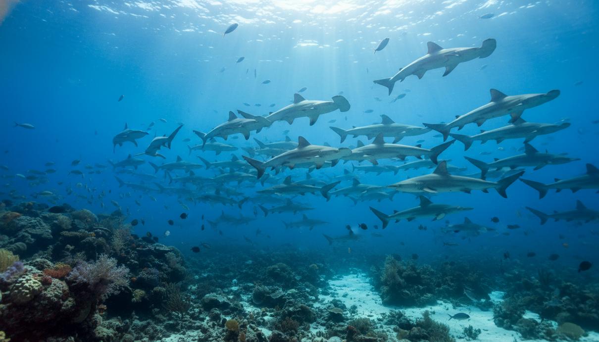 Упадок мигрирующих видов: почти половина популяций находится под угрозой Стая акул-молотов плывет в открытом океане сквозь лучи солнца, проникающие под воду