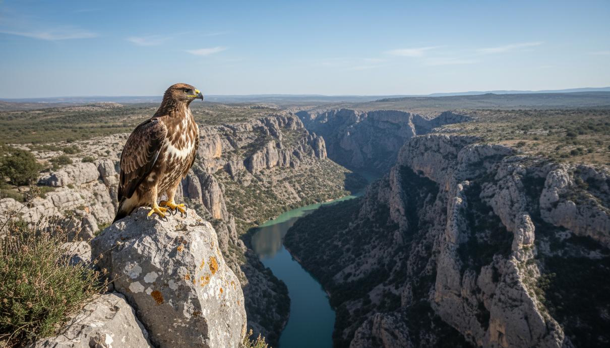 Численность ястребиного орла в Испании: восстановление признано нестабильным Ястребиный орел сидит на скалистом выступе над глубоким речным каньоном