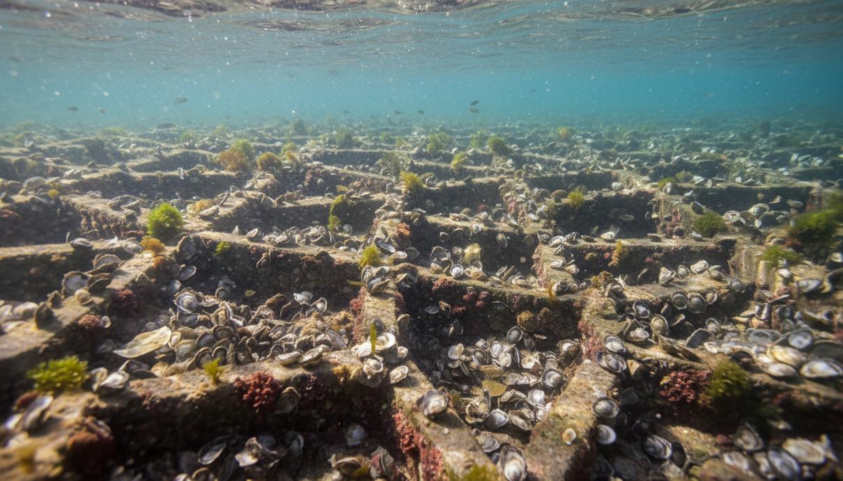 Восстановление устричных рифов: ученые предложили копировать природную геометрию Искусственный устричный риф из бетонных блоков с рельефной поверхностью под водой