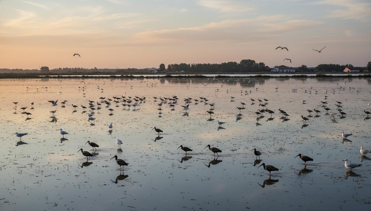 Численность водных птиц в испанской Альбуфере достигла исторического рекорда Стаи караваек и чаек на затопленных рисовых полях в природном парке Альбуфера на рассвете.