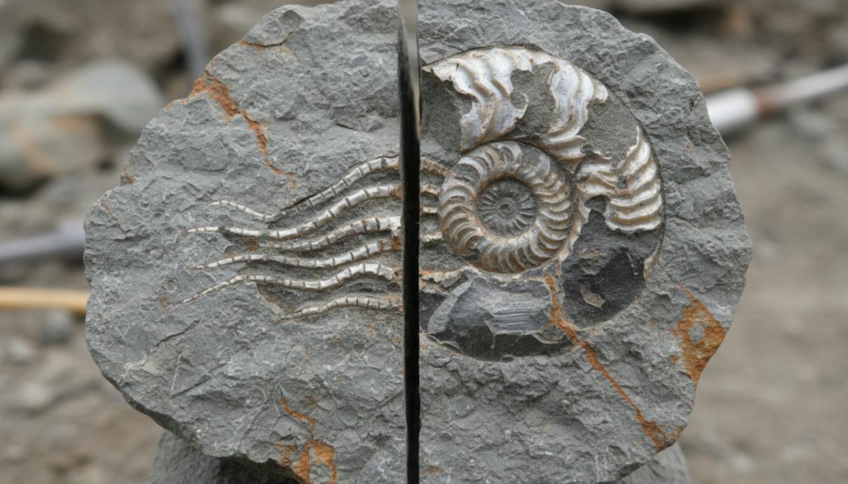 Эволюция головоногих: древнейший осьминог оказался 300-миллионным наутилоидом Окаменелый отпечаток древнего моллюска наутилоида в разрезе каменной породы