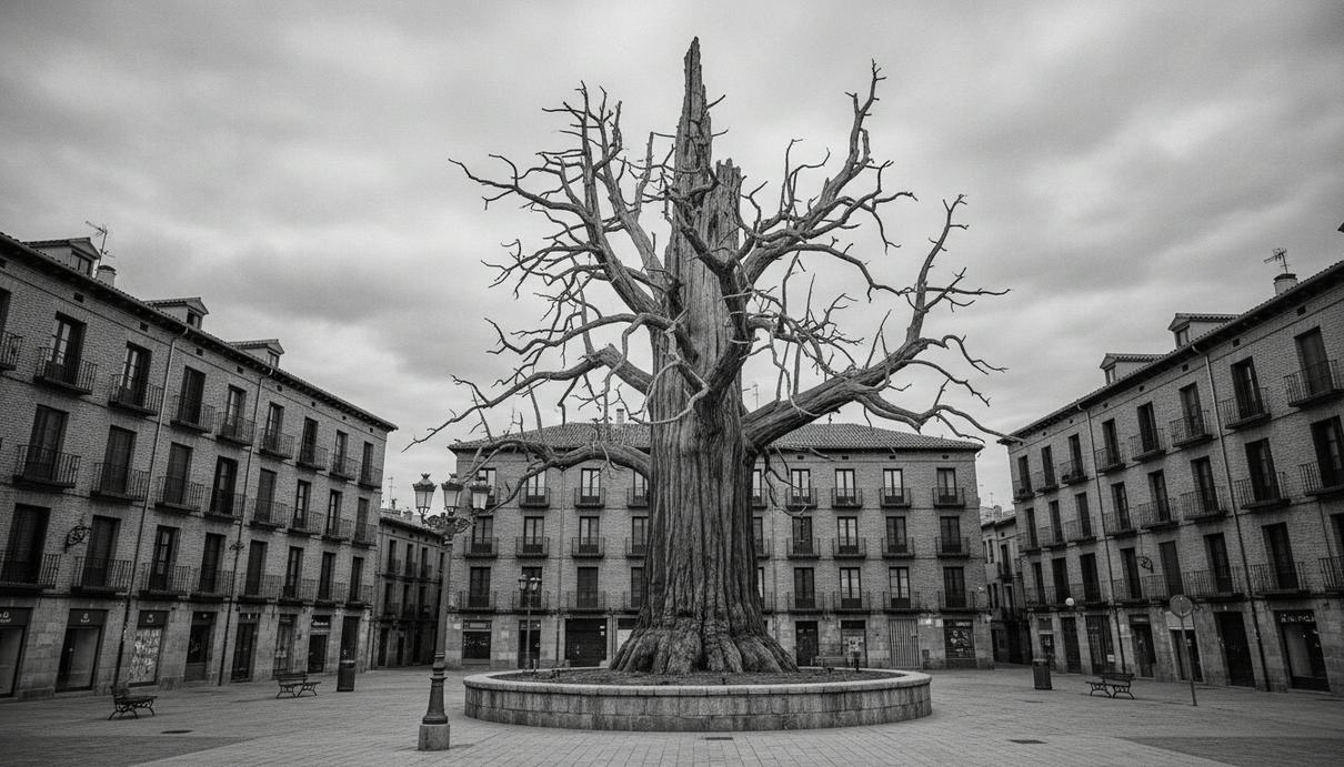 Власти Вальядолида разрешили вырубку охраняемой гигантской секвойи Массивная засохшая секвойя без листьев перед многоэтажными жилыми домами в городском районе