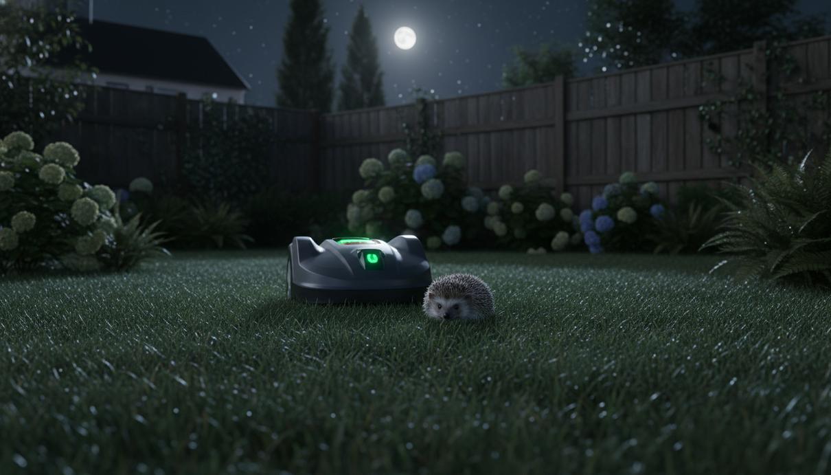 Защита городской фауны: в Германии могут запретить ночную стрижку газонов Робот-газонокосилка на лужайке в темное время суток рядом с диким ежом
