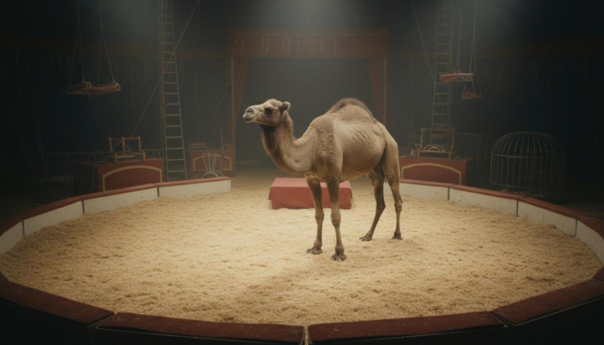 Испанские зоозащитники обвинили цирк Валенсии в эксплуатации больного верблюда Одногорбый верблюд на пустой арене цирка среди опилок и сценического оборудования.